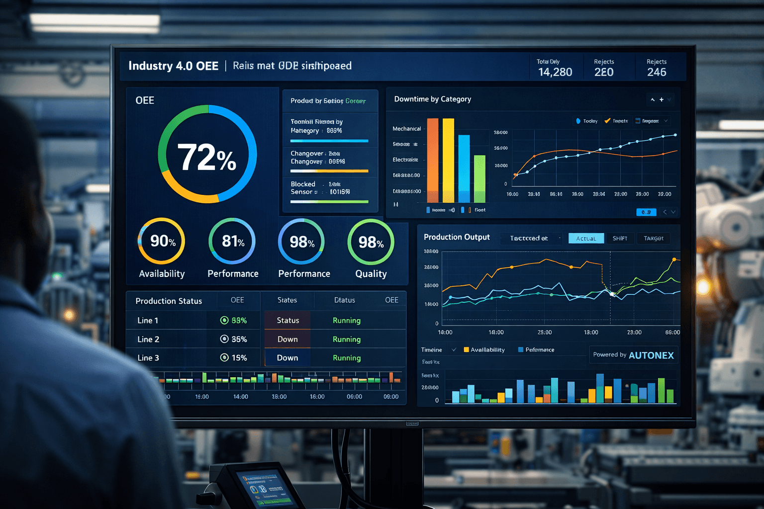 Real-time OEE dashboard showing production efficiency, downtime analysis, and KPIs