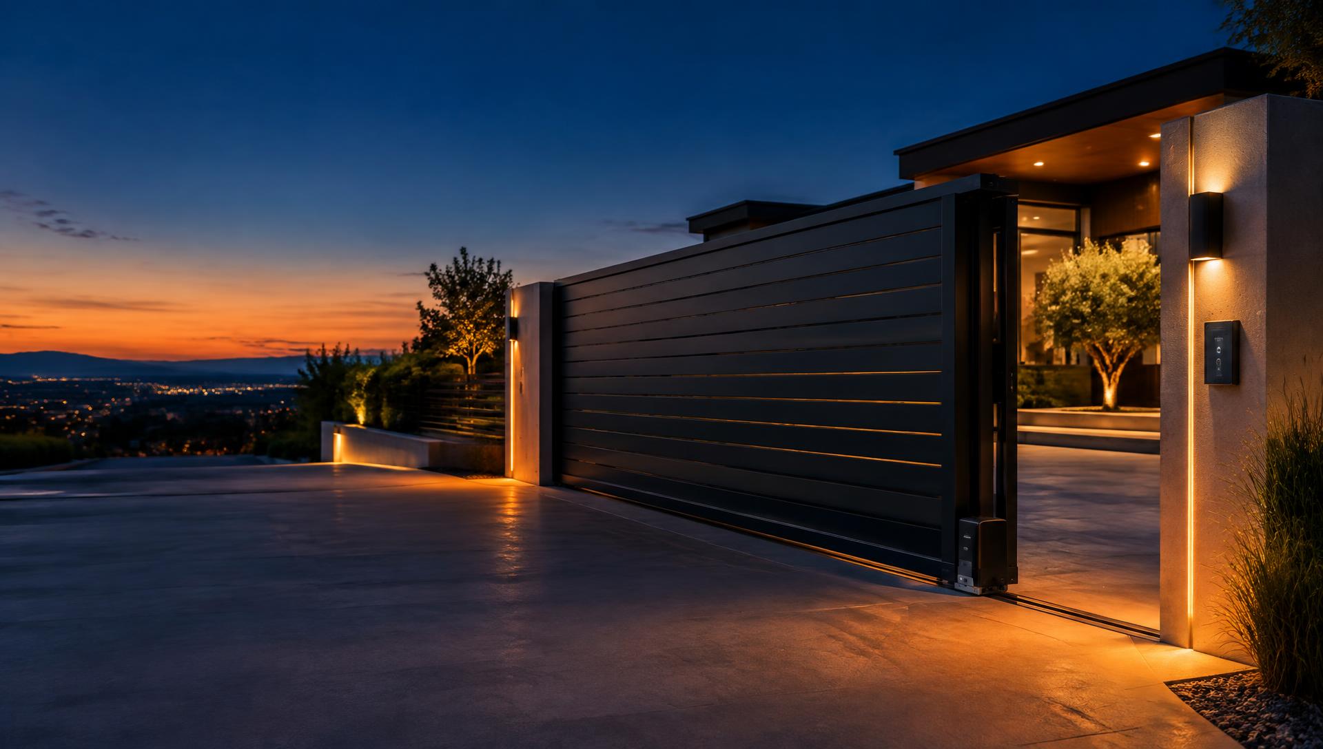 Automated sliding gate at a modern home at dusk